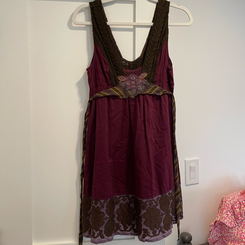 Free People dress with embroidery and beading detail, ties at waist